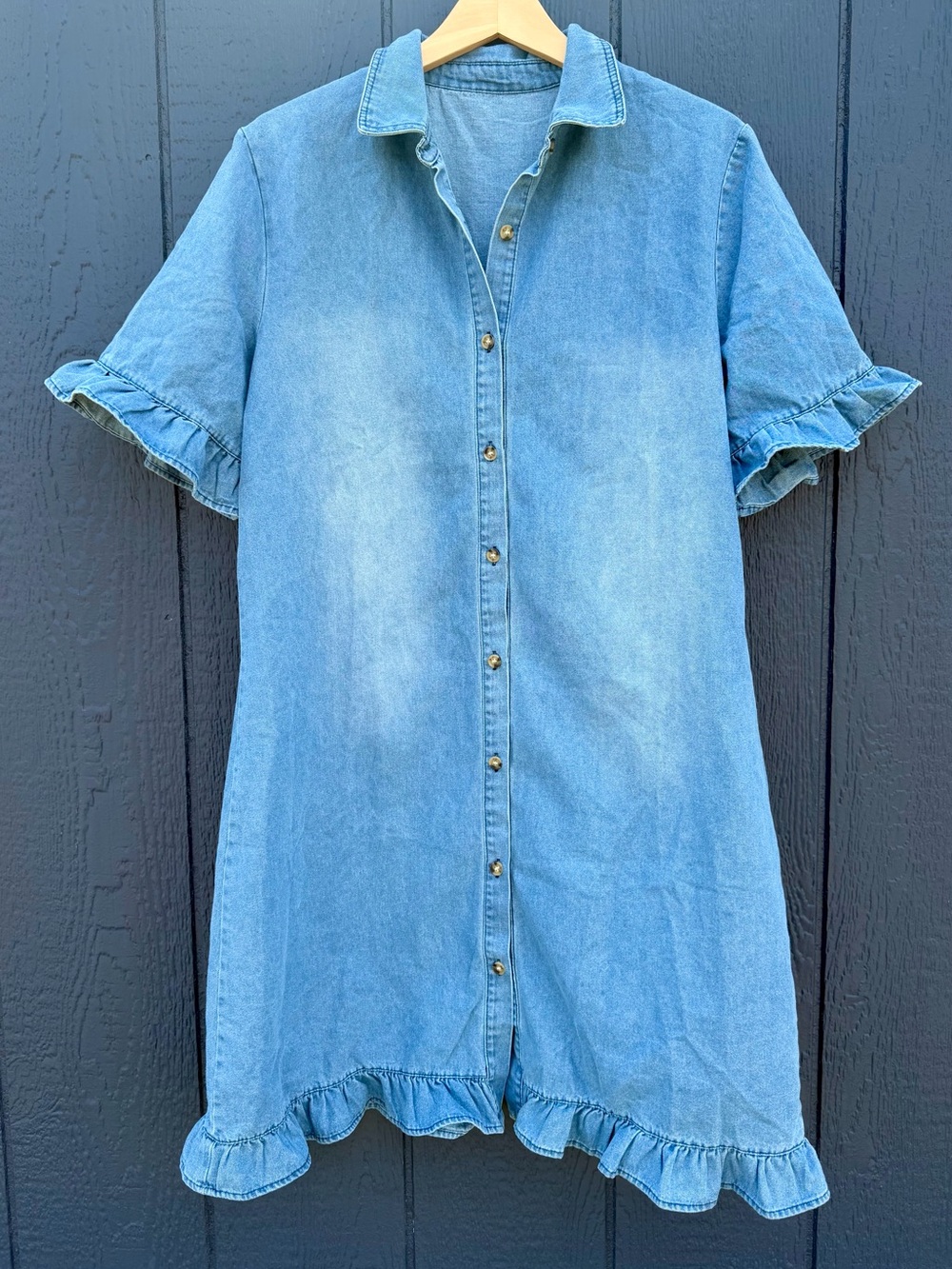 Light Wash Denim Ruffle Button-Front Dress